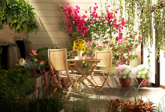 sun dappled floral patio